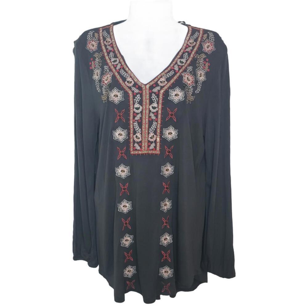 CUPIO Women's Sz L Grey Embroidered Flowy Blouse (1866)